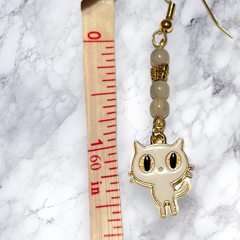 Hand Crafted Earring Cats Tourmaline Quartz Kitty White Butterfly - Picture 4 of 8